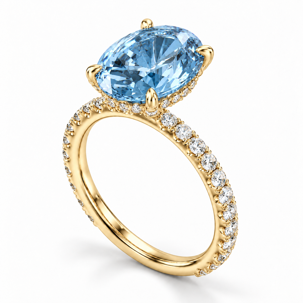 yellow gold angle — 5 ct Fancy Vivid Blue oval lab-grown diamond ring