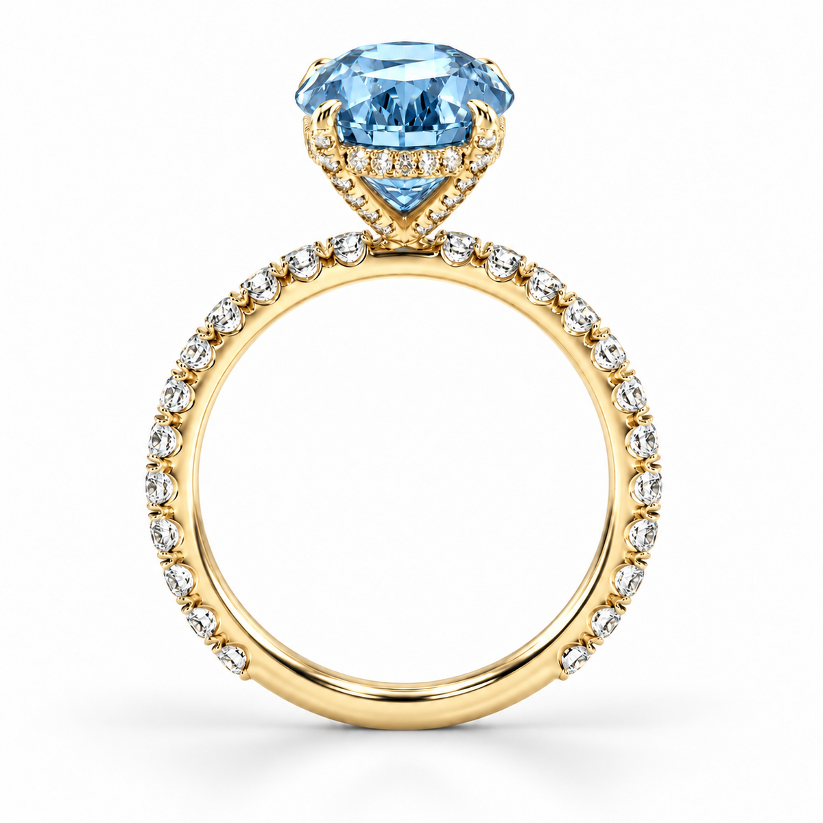 yellow gold side — 5 ct Fancy Vivid Blue oval lab-grown diamond ring