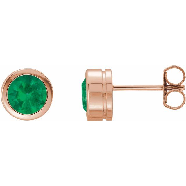 14K Rose Gold Lab-Grown Emerald Classic Bezel Stud Earrings