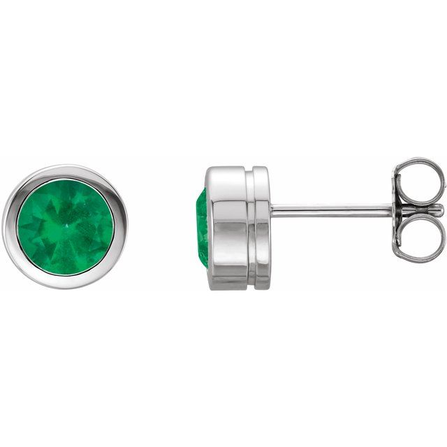 14K White Gold Lab-Grown Emerald Classic Bezel Stud Earrings