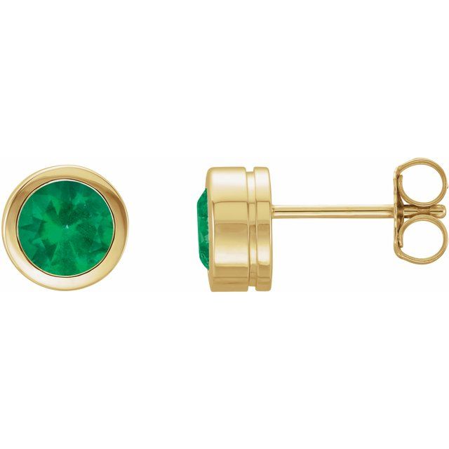 14K Yellow Gold 5 mm Lab-Grown Emerald Classic Bezel Stud Earrings