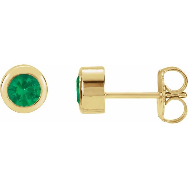 14K Yellow Gold 4 mm Lab-Grown Emerald Classic Bezel Stud Earrings