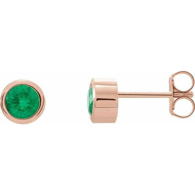 14K Rose Gold 4 mm Lab-Grown Emerald Classic Bezel Stud Earrings
