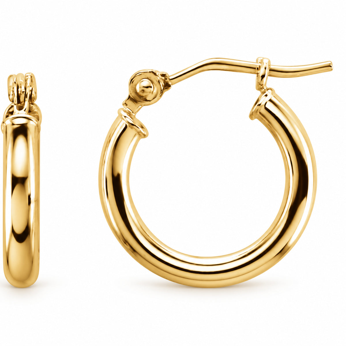 Tube Hoop Earrings — 14K Yellow Gold — 13 mm diameter — 2 mm tube — view 1