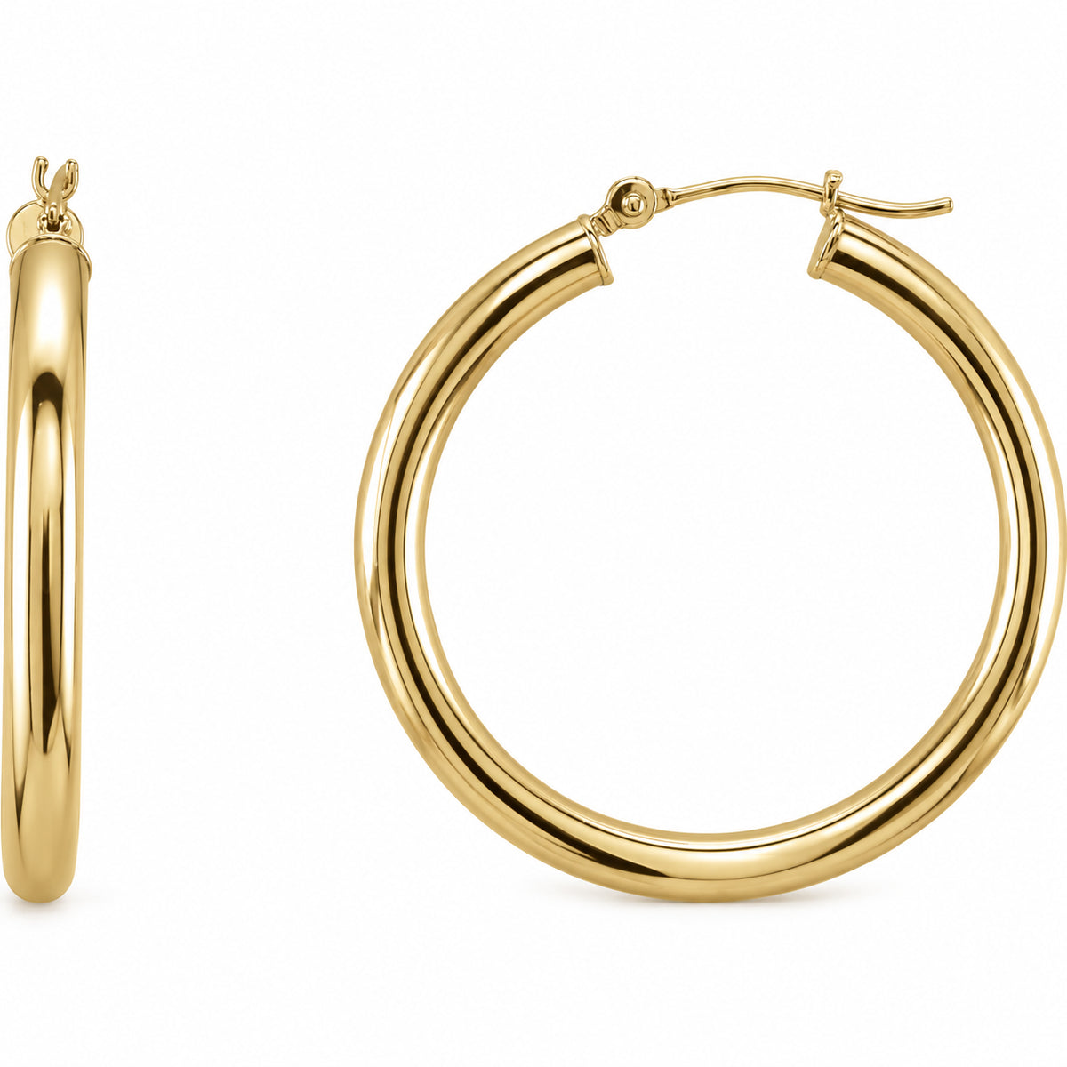 Tube Hoop Earrings — 14K Yellow Gold — 30 mm diameter — 3 mm tube — view 1