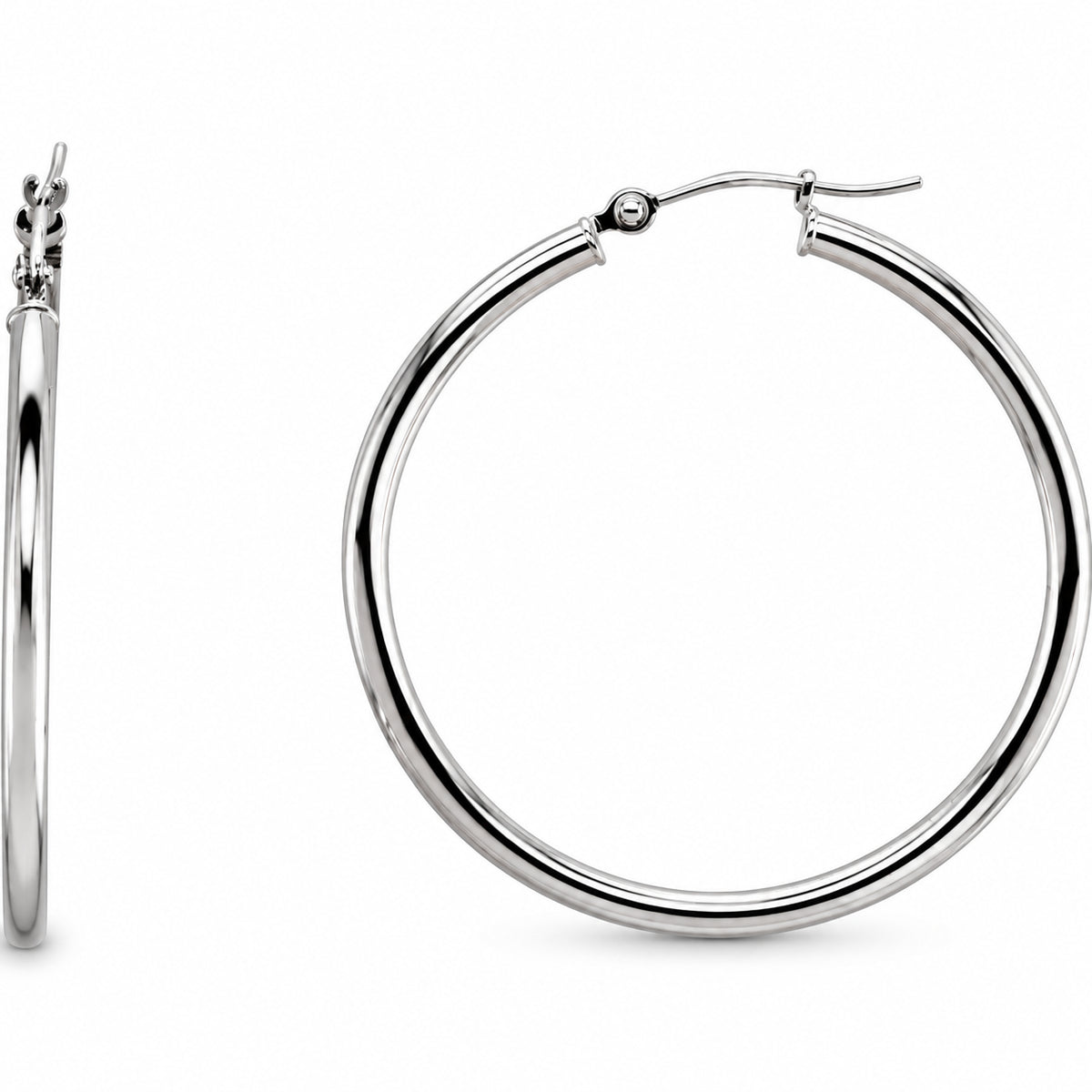 Tube Hoop Earrings — 14K White Gold — 34 mm diameter — 2 mm tube — view 1