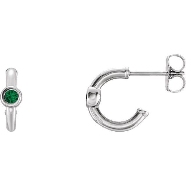 14K White Gold Lab-Grown Emerald Bezel Huggie Earrings
