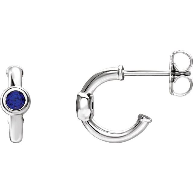 14K White Gold Lab-Grown Blue Sapphire Bezel Huggie Earrings
