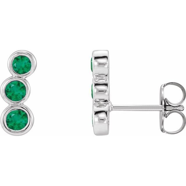 14K White Gold Lab-Grown Emerald Three-Stone Ear Climbers