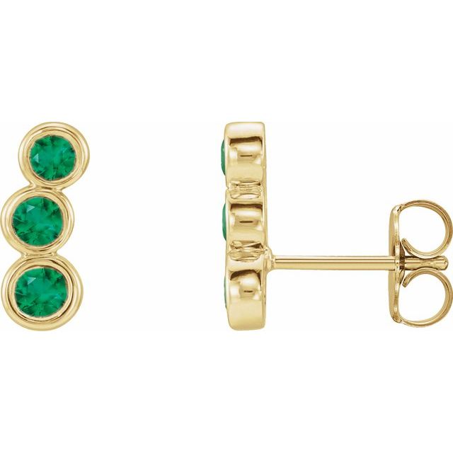 14K Yellow Gold Lab-Grown Emerald Three-Stone Ear Climbers