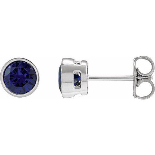 14K White Gold Lab-Grown Blue Sapphire Bezel Stud Earrings