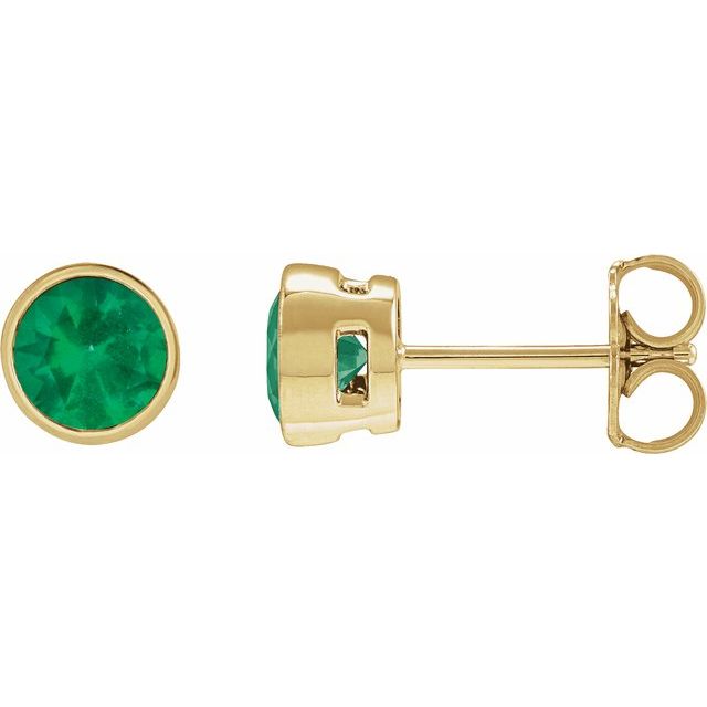 14K Yellow Gold Lab-Grown Emerald Bezel Stud Earrings