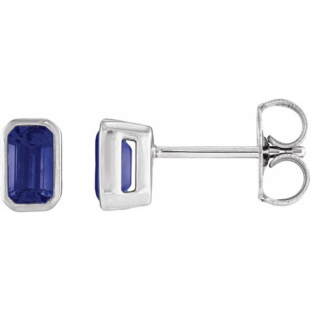 14K White Gold Lab-Grown Blue Sapphire Emerald-Cut Bezel Stud Earrings — view 1