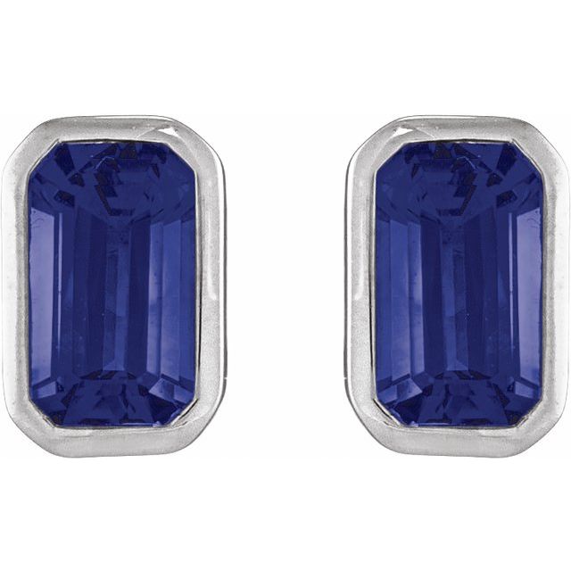 14K White Gold Lab-Grown Blue Sapphire Emerald-Cut Bezel Stud Earrings — view 2
