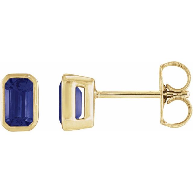 14K Yellow Gold Lab-Grown Blue Sapphire Emerald-Cut Bezel Stud Earrings — view 1