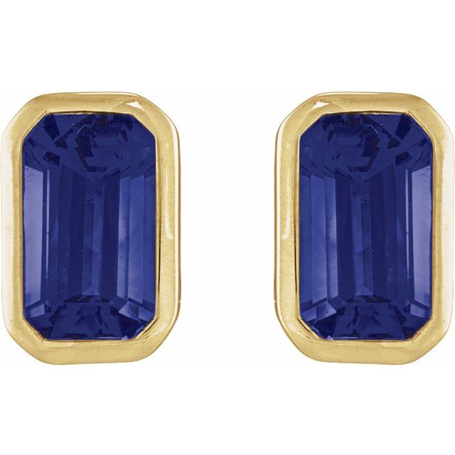 14K Yellow Gold Lab-Grown Blue Sapphire Emerald-Cut Bezel Stud Earrings — view 2