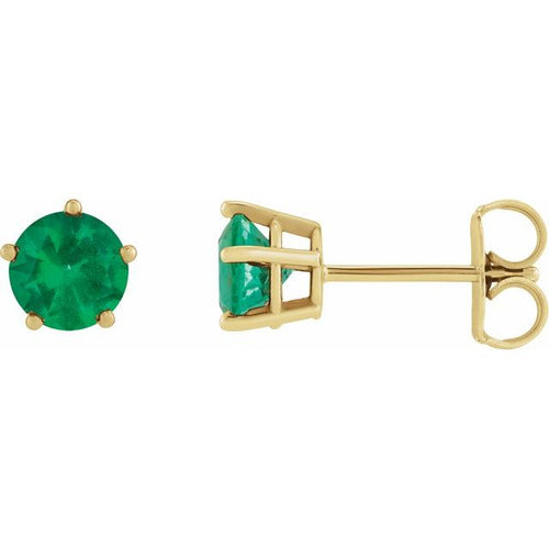14K Yellow Gold Lab-Grown Emerald Solitaire Stud Earrings