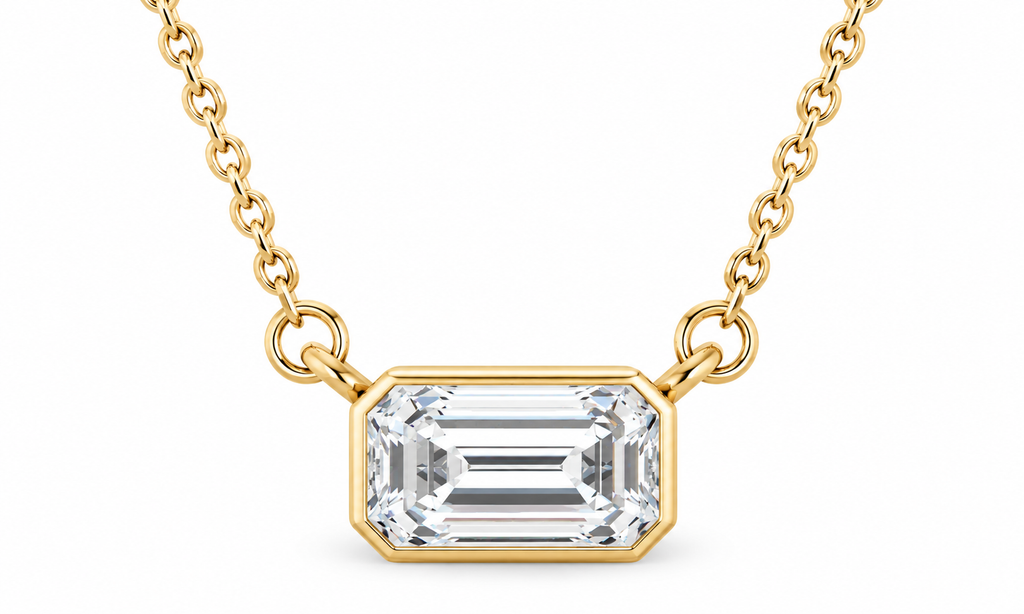 14K Yellow Gold 1/3 CT (5 x 3 mm) emerald-cut lab-grown diamond bezel necklace — studio front view