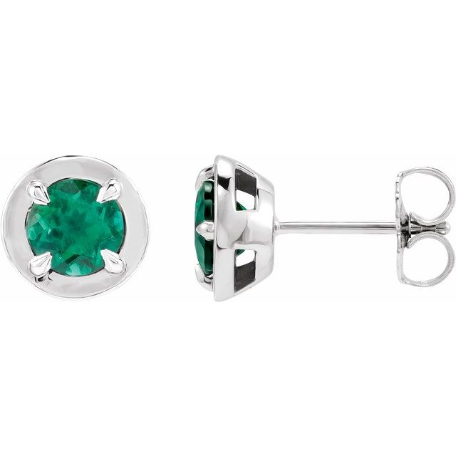 14K White Gold Lab-Grown Emerald Claw Bezel Stud Earrings