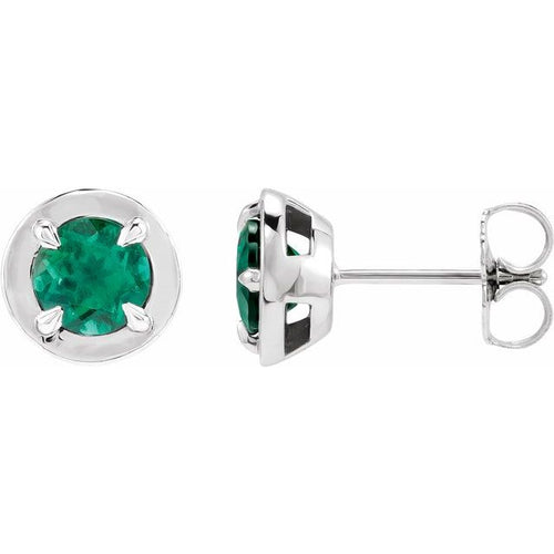 14K White Gold Lab-Grown Emerald Claw Bezel Stud Earrings