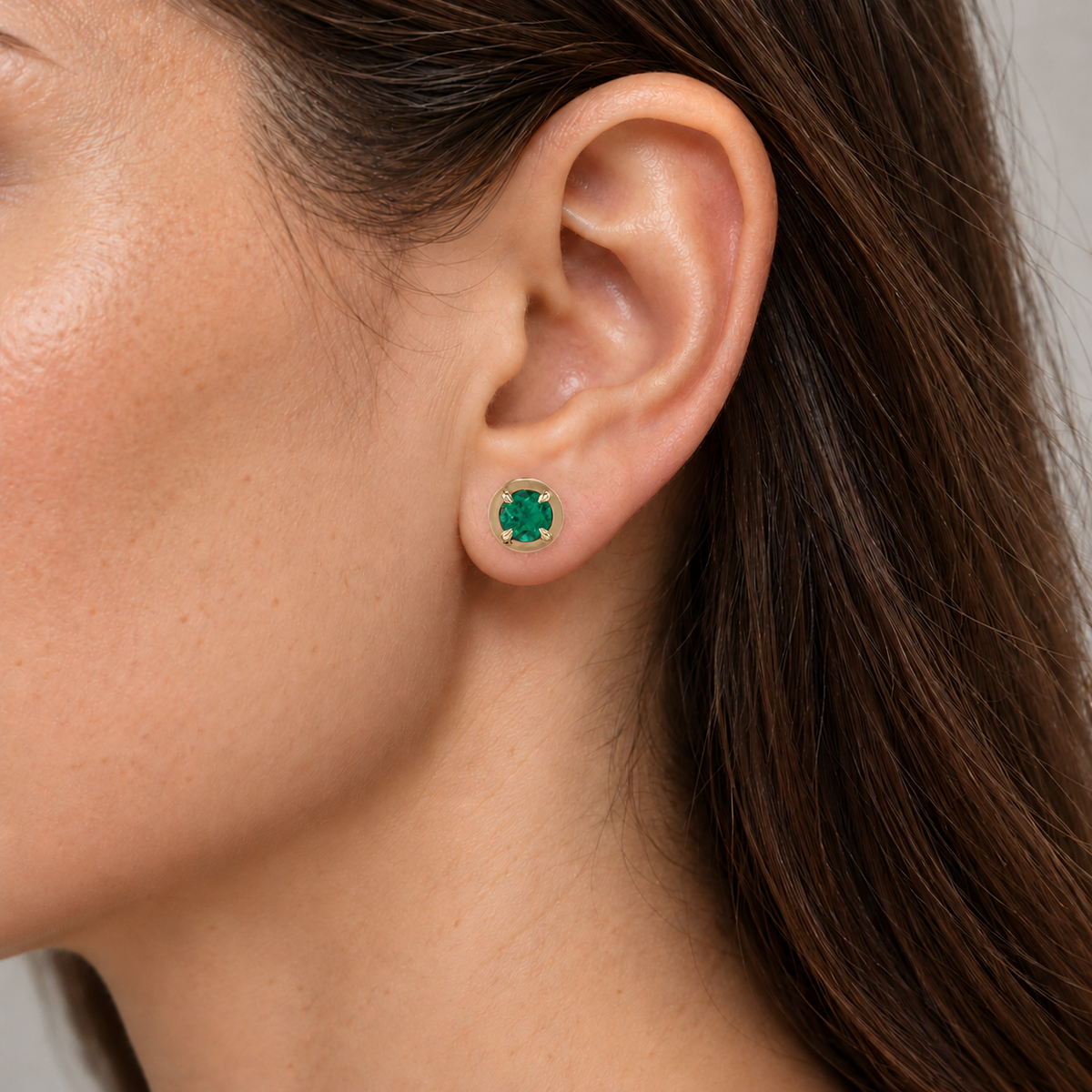 14K Yellow Gold Lab-Grown Emerald Claw Bezel Stud Earrings — 5 mm stones — on-ear illustration based on listed dimensions