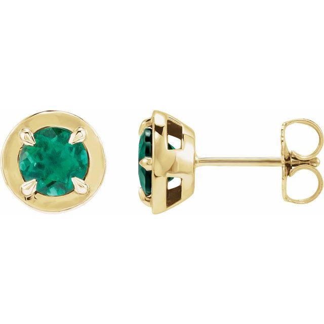 14K Yellow Gold Lab-Grown Emerald Claw Bezel Stud Earrings