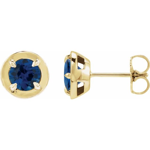 14K Yellow Gold Lab-Grown Blue Sapphire Claw Bezel Stud Earrings