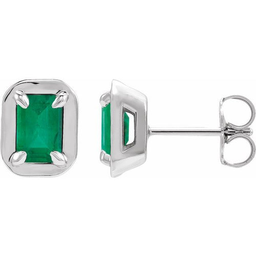 14K White Gold Lab-Grown Emerald Emerald-Cut Claw Bezel Stud Earrings — view 1