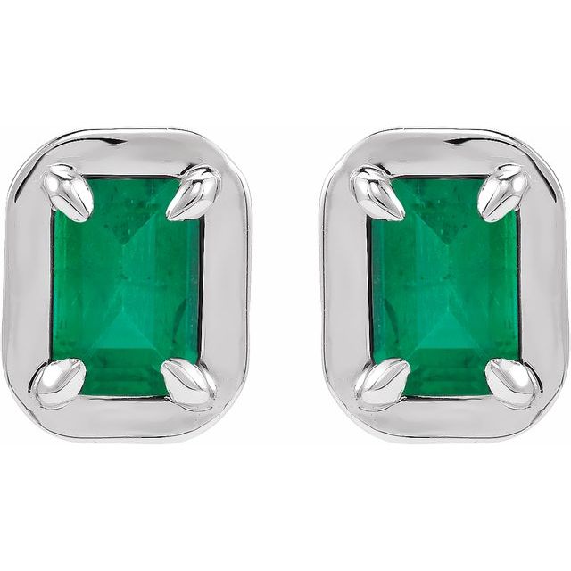 14K White Gold Lab-Grown Emerald Emerald-Cut Claw Bezel Stud Earrings — view 2