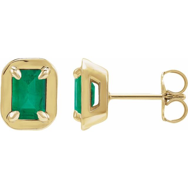 14K Yellow Gold Lab-Grown Emerald Emerald-Cut Claw Bezel Stud Earrings — view 1