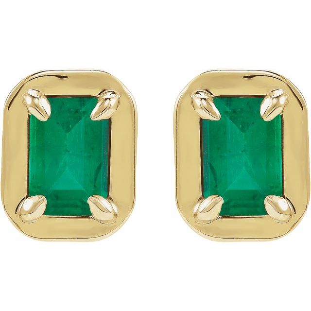 14K Yellow Gold Lab-Grown Emerald Emerald-Cut Claw Bezel Stud Earrings — view 2