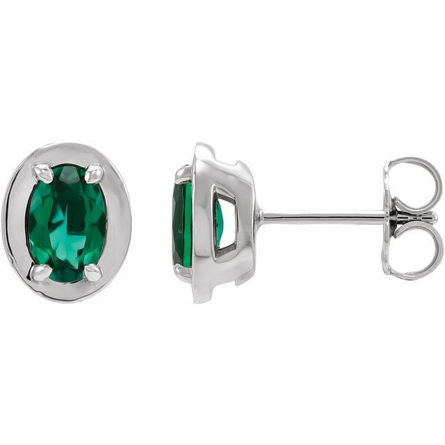 14K White Gold Lab-Grown Emerald Oval Claw Bezel Stud Earrings — view 1