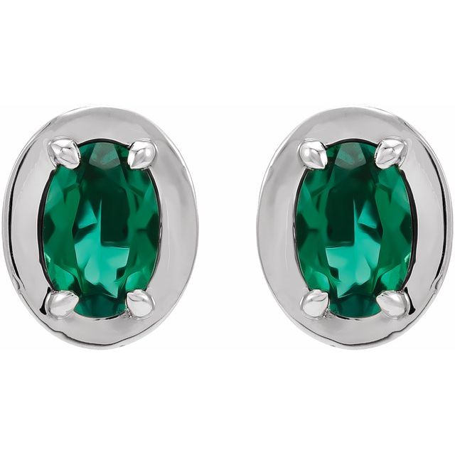 14K White Gold Lab-Grown Emerald Oval Claw Bezel Stud Earrings — view 2