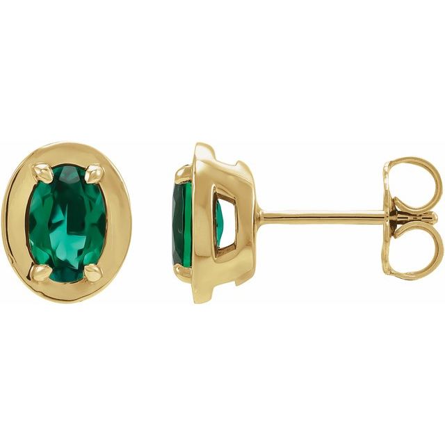 14K Yellow Gold Lab-Grown Emerald Oval Claw Bezel Stud Earrings — view 1