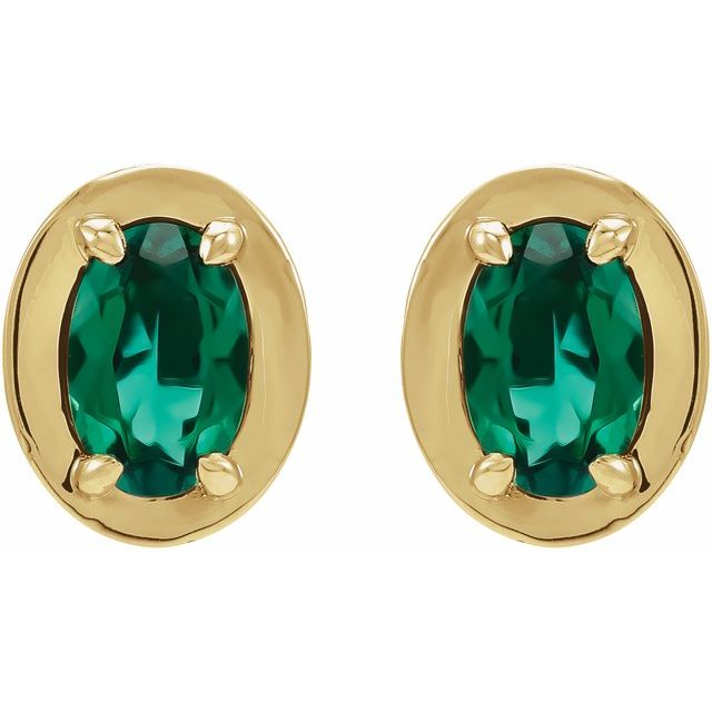 14K Yellow Gold Lab-Grown Emerald Oval Claw Bezel Stud Earrings — view 2
