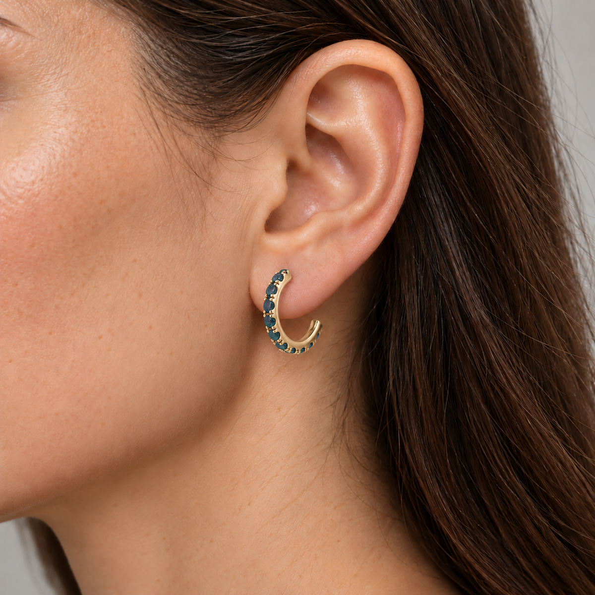 14K Yellow Gold Lab-Grown Alexandrite French-Set Hoop Earrings — 15.1 mm hoops — on-ear illustration based on listed dimensions