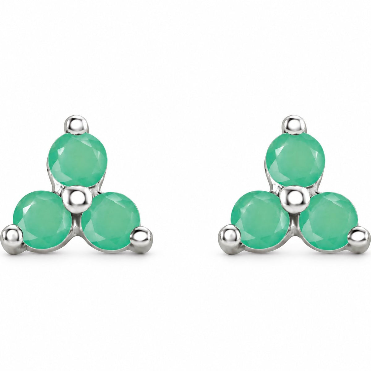 14K Gold Natural Chrysoprase Three-Stone Cluster Earrings — 14K White Gold, view 2