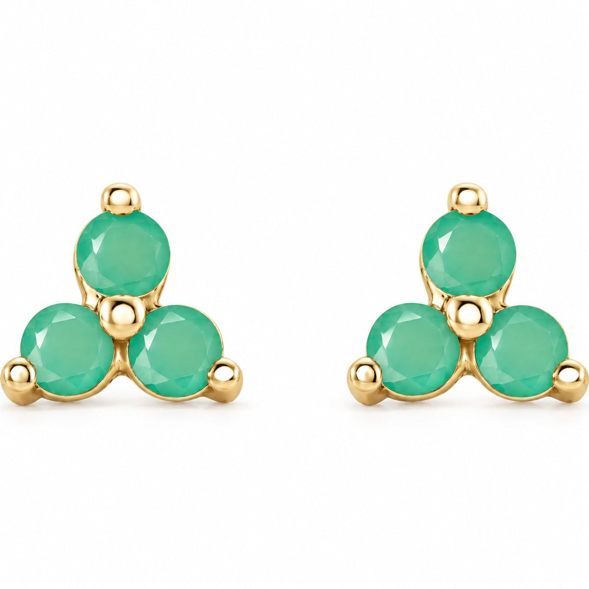 14K Gold Natural Chrysoprase Three-Stone Cluster Earrings — 14K Yellow Gold, view 2