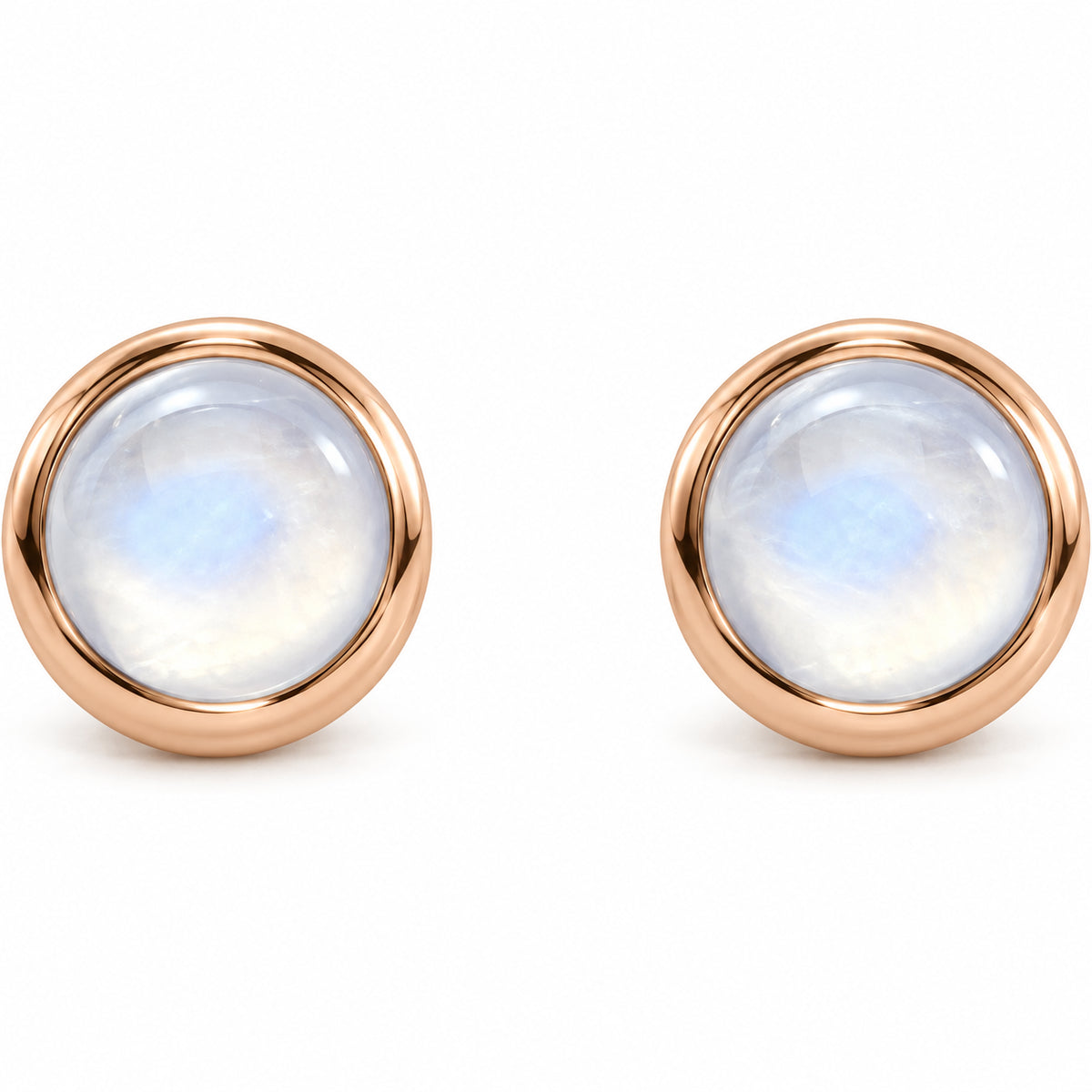 14K Gold Natural Rainbow Moonstone Bezel Stud Earrings — 14K Rose Gold, view 2