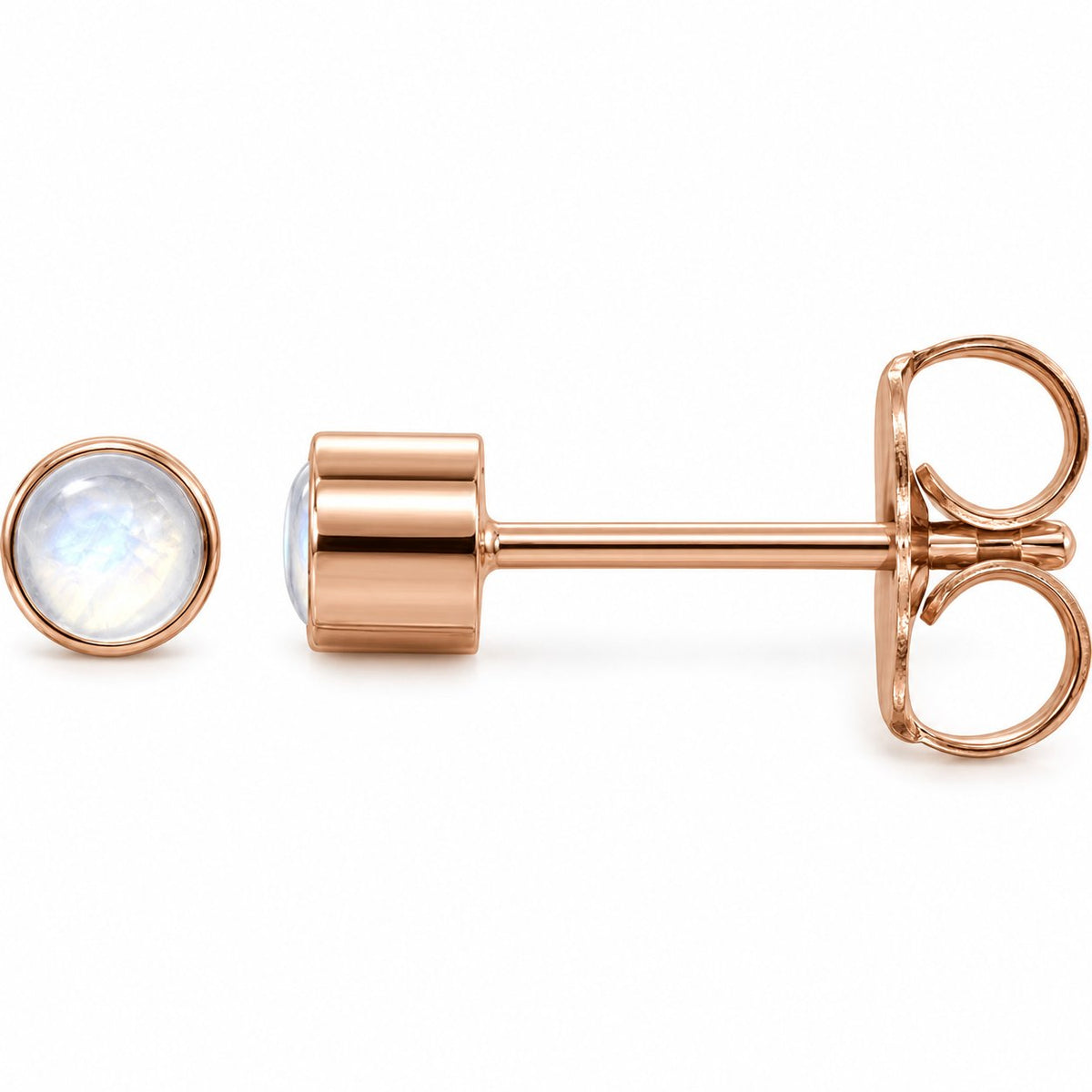 14K Gold Natural Rainbow Moonstone Bezel Stud Earrings — 14K Rose Gold, view 1