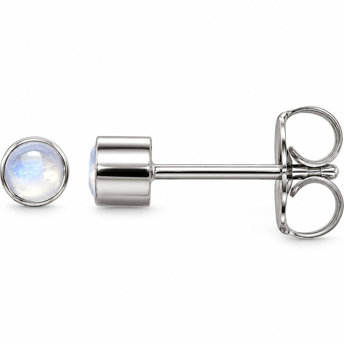 14K Gold Natural Rainbow Moonstone Bezel Stud Earrings — 14K White Gold, view 1
