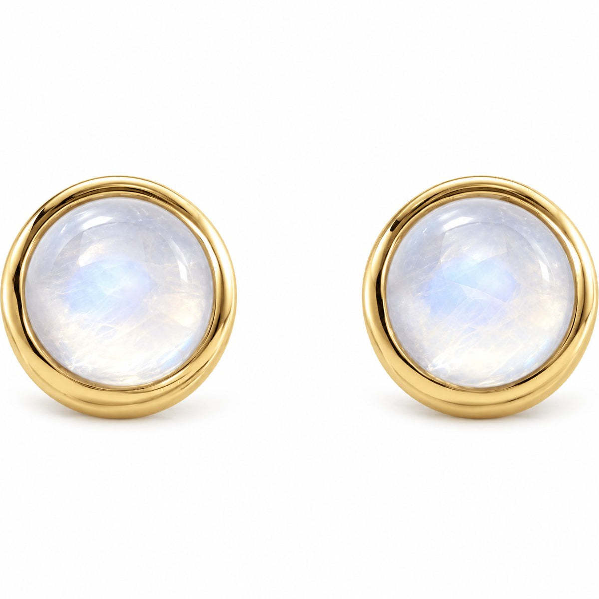 14K Gold Natural Rainbow Moonstone Bezel Stud Earrings — 14K Yellow Gold, view 2