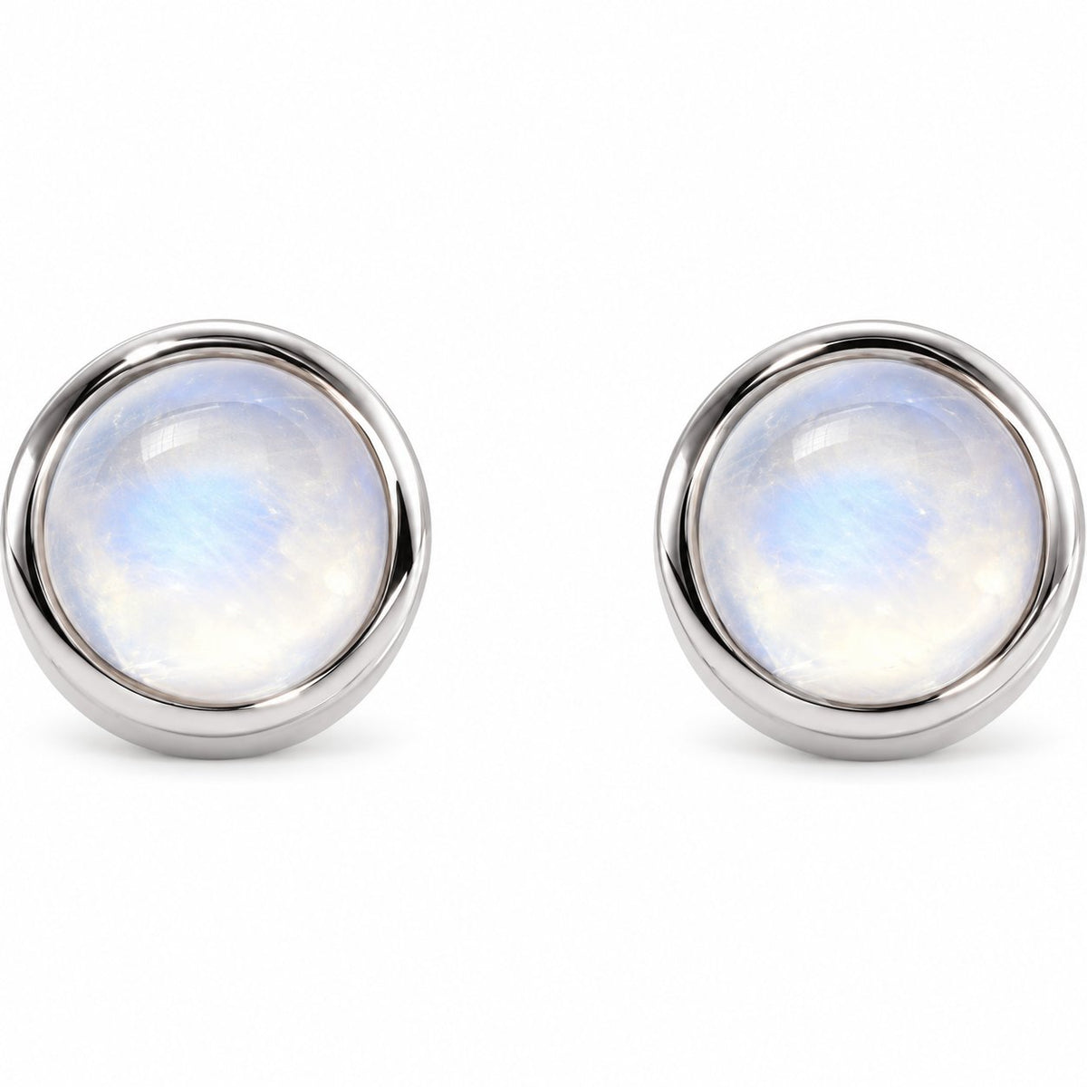 14K Gold Natural Rainbow Moonstone Bezel Stud Earrings — 14K White Gold, view 2