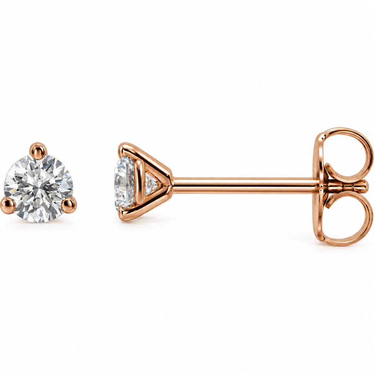 Three-prong lab-grown diamond stud earrings — 14K Rose Gold — 3mm — 1/5 CTW — view 1