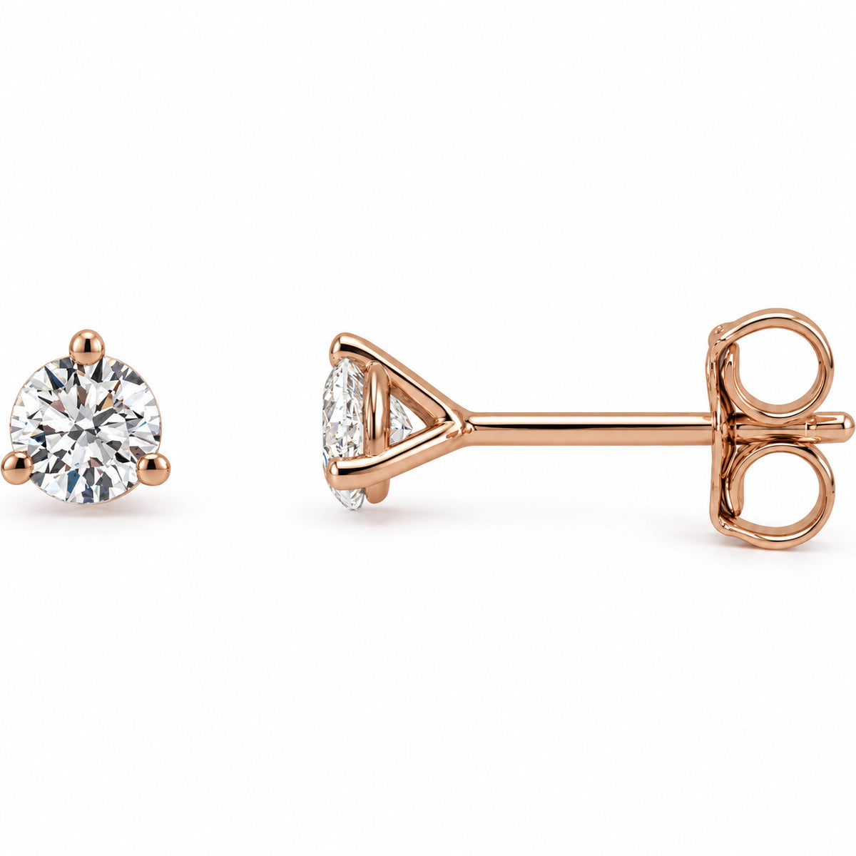 Three-prong lab-grown diamond stud earrings — 14K Rose Gold — 2.5mm — 1/8 CTW — view 1