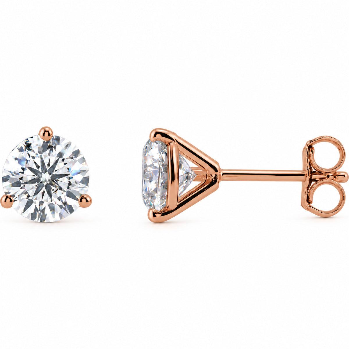 Three-prong lab-grown diamond stud earrings — 14K Rose Gold — 7.5mm — 3 CTW — view 1