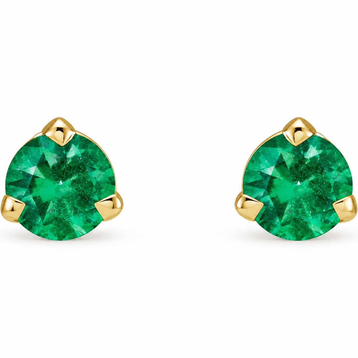 14K Gold Natural Emerald 3-Prong Claw Stud Earrings — 14K Yellow Gold, view 2