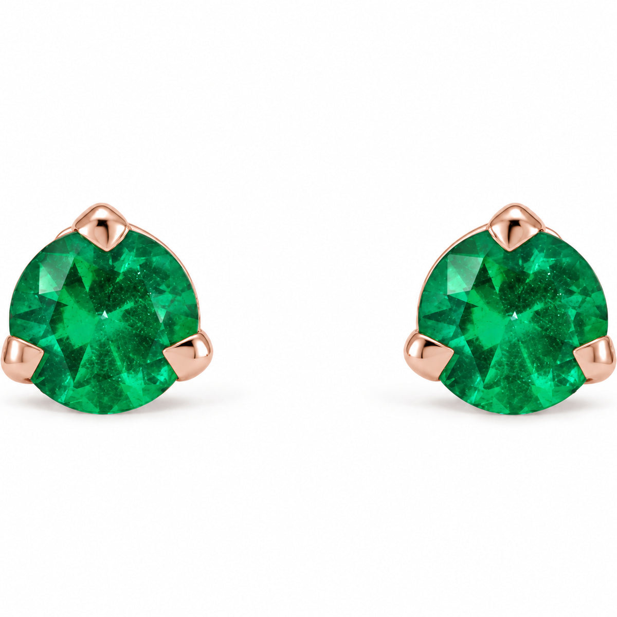 14K Gold Natural Emerald 3-Prong Claw Stud Earrings — 14K Rose Gold, view 2