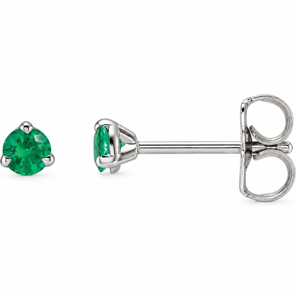 14K Gold Natural Emerald 3-Prong Claw Stud Earrings — 14K White Gold, view 1
