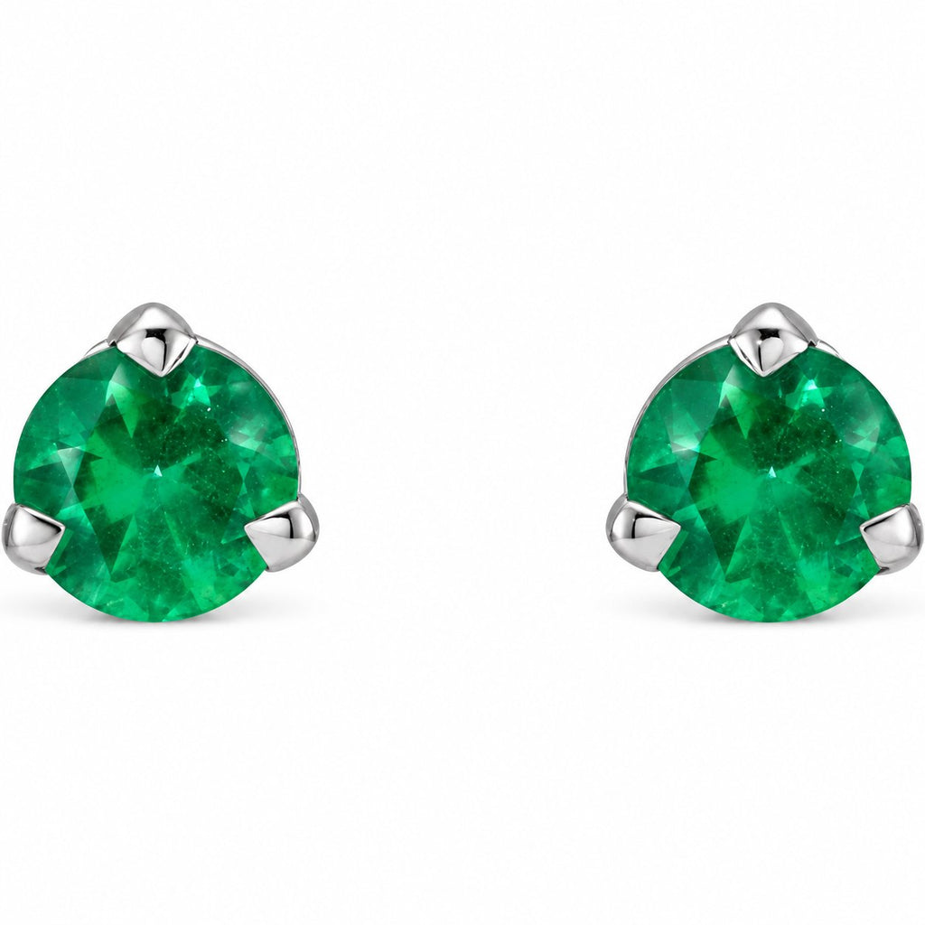 14K Gold Natural Emerald 3-Prong Claw Stud Earrings — 14K White Gold, view 2